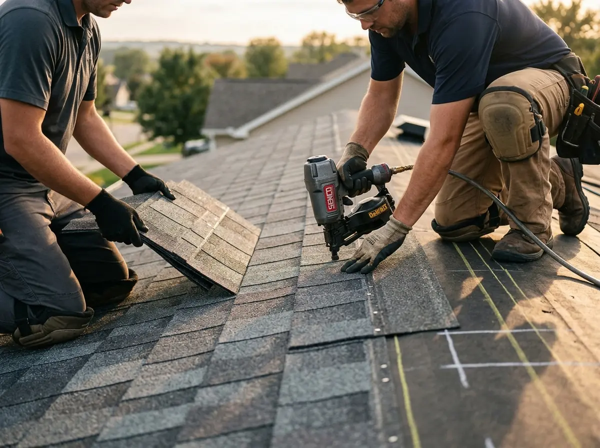 Professional roofer working on a residential roof in Great Bend
